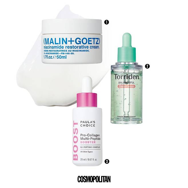 1 뭘 해도 컨디션 노답인 피부  수분 부족과 잔주름, 탄력 저하와 피부 톤 불균일, 약해진 피부 장벽의 6가지 징후를 타기팅해 피부 전반의 컨디션을 되찾는 데 집중했다. 나이아신아마이드 리스토러티브 크림 11만9천원 Malin+Goetz. 2 산유국 피부가 고민된다면 끈적임 없는 워터 세럼 타입. 피지 분비를 조절하고 마데카소사이드, 티퍼센트 카밍 콤플렉스 등 시카 성분을 함유해 뒤집어진 민감 피부를 진정시킨다. 밸런스풀 시카 컨트롤 세럼 2만3천원 Torriden. 3 환절기에도 기능성 루틴을 포기할 수 없다면 6가지 펩타이드 콤플렉스와 히알루론산, 사과 추출물이 피부를 탄탄하게 잡아준다. 프로콜라겐 멀티-펩타이드 부스터 앰플 9만1천원 Paula’s Choice.