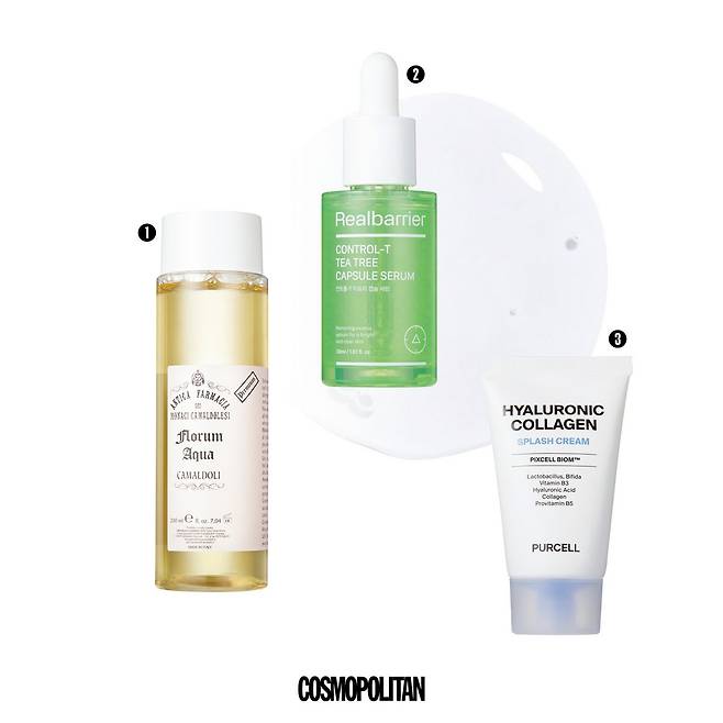 1 흐트러진 유·수분 밸런스를 맞추고 싶다면 산뜻한 워터 제형으로 알칼리성 피부의 약산성화에 도움을 준다. 프로방스 장미꽃 추출물과 나이아신아마이드 성분이 수분 증발도 차단한다. 플로럼 아쿠아 5만8천원 Camaldoli. 2 트러블 집중 케어가 시급하다면 4-터피네올을 2.4배 더 담아낸 티트리 추출물과 나노 사이즈의 더블 코어 시너지로 트러블을 집중 케어하고 피부 장벽을 탄탄하게 재건한다. 컨트롤-T 티트리 캡슐 세럼 2만1천원 Realbarrier. 3 보습 유지와 장벽 케어를 동시에 특허받은 유산균 성분인 픽셀바이옴™에 콜라겐과 히알루론산을 더해 피부 본래의 방어력을 강화한다. 픽셀바이옴™ 히알 콜라겐 스플래쉬 크림 3만6천원대 Purcell.