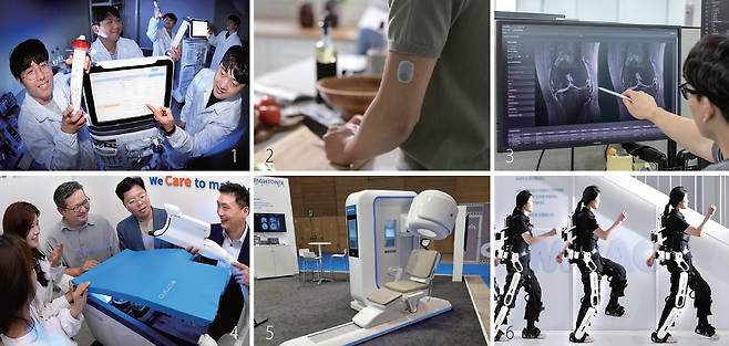 1 시노펙스가 개발한 인공신장용 혈액 여과기. 조선비즈 / 2 아이센스의 패치형 연속혈당측정기. 아이센스 /3 에어스메디컬의 자기공명영상(MRI) 소프트웨어 스위프트 엠알. 조선비즈 / 4 큐라코의 배변 처리 로봇. 조선비즈 /5 브라이토닉스이미징이 개발한 두경부 양전자방출단층촬영(PET) 장치. 브라이토닉스이미징 /6 엔젤로보틱스의 웨어러블 보행 재활 로봇. 엔젤로보틱스