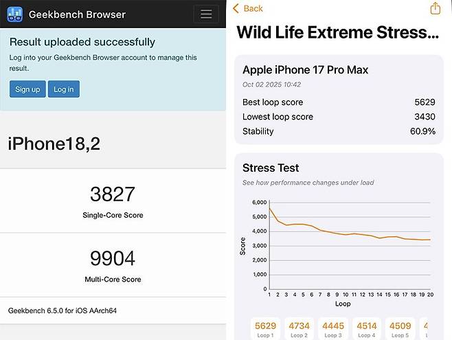 긱벤치6(왼쪽)와 3D마크 앱 와일드 라이프 익스트림 스트레스 테스트로 아이폰 17 프로 맥스의 성능을 실험한 결과. 사진=구자윤 기자
