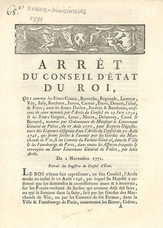 Edme Delaunay가 공인 와인 중개인에 임명됐다는 내용이 담긴 1771년 프랑스 왕 루이15세 칙령. 홈페이지