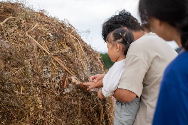 한 가족 관람객이 오미자 작가의 '공 굴리기' 작품을 살펴보고 있다. ⓒ부산비엔날레조직위원회