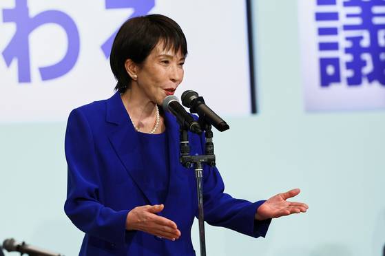 Newly-elected leader of Japan's Liberal Democratic Party (LDP) Sanae Takaichi delivers a speech after winning the LDP leadership election in Tokyo on Oct. 4. [AP/YONHAP]