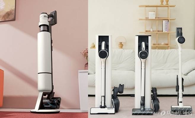 삼성전자 무선청소기 '비스포크 AI 제트 400W'(왼쪽)와 LG전자 무선청소기 ‘LG 코드제로 오브제컬렉션 A9 AI’(오른쪽)/사진=삼성전자, LG전자