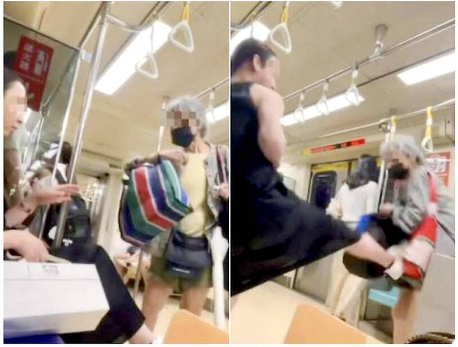 대만 지하철에서 우선석에 앉아 있는 젊은 승객을 가방으로 때린 70대 여성이 발길질을 당하고 있는 모습./사진=온라인 SNS 화면캡처.