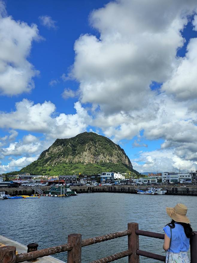 사계항에서 본 산방산.