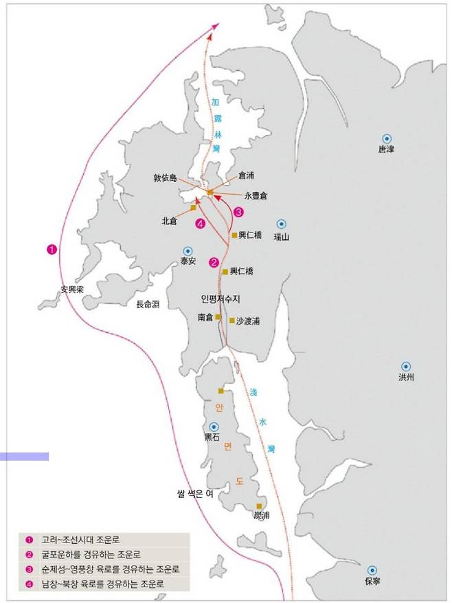 고려·조선시대 조운로와 굴포운하 운항로. 굴포운하와 의항운하 그리고 두 개의 창고를 짓고 중간에 우마차로 운송하는 노선이 표시되어 있다. &nbsp;(그래픽=서산문화원 '서산 천수만의 옛 모습' 인용)