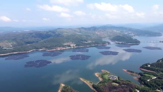 경북 안동 인하댐에 설치된 무궁화꽃 형상의 수상 태양광. 사진=한국수자원공사 제공