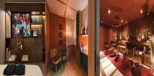 인테리어 공사가 끝난 무인모텔 내부. 황동 조명과 우드 마감이 어우러진 1층 로비 전경과 ‘머무는 감각’을 우선한 동선 설계가 돋보인다.