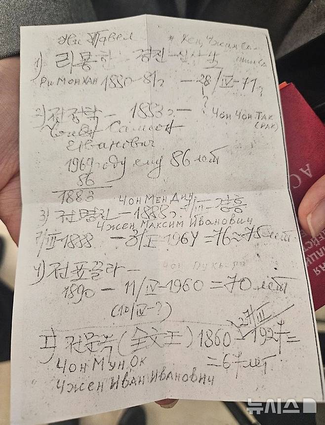 [알마티(카자흐스탄)=뉴시스] 고려인 2세 전 알렉산드르 페도로비치(79)가 12일(현지 시간) 오후 카자흐스탄 알마티에서 열린 고려인협회 창립 35주년 기념 행사에 참석해 한국 취재진과 인터뷰하면서 정장 안주머니에서 꺼낸 빛바랜 쪽지를 보이고 있다. 아버지의 유품인 이 '한글 연습 쪽지'에는 증조할아버지 전문옥을 비롯해 전정탁, 전명진, 전표끌라 등 조상의 이름이 또박또박 적혀 있다. (사진=독자 제공) 2025.09.12. photo@newsis.com