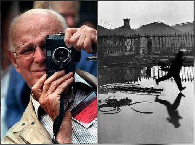 '매그넘' 공동창립자 앙리 카르티에 브레송과 그가 애용한 라이카 M3, 브레송의 대표작 '생 라자르 역 뒤에서(1938)'.