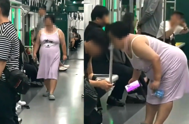 지난 25일 2호선에서 한 여성이 풍선껌을 남성 승객을 향해 터뜨리는 모습. SNS 갈무리