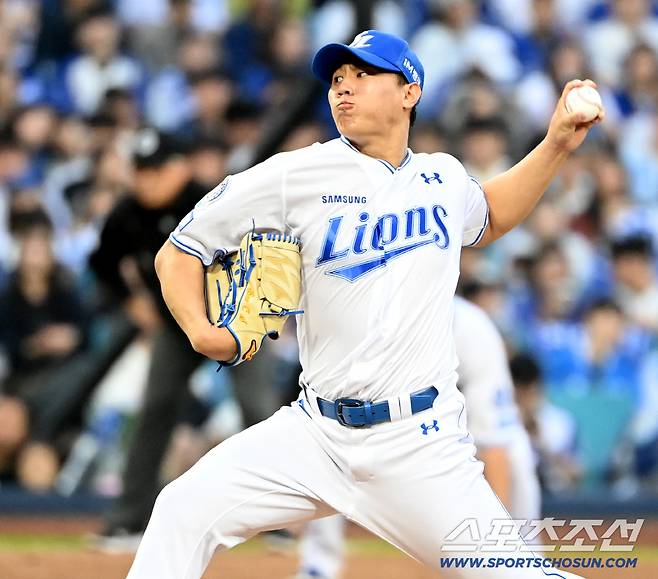 6일 대구 삼성라이온즈파크에서 열린 NC와 삼성의 와일드카드 1차전, 9회초 삼성 배찬승이 역투 하고 있다. 대구=허상욱 기자wook@sportschosun.com/2025.10.06/