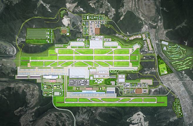 대구경북통합신공항 조감도. 민·군 통합 공항으로 조성 중이며, 이 중 민간공항 사업비만 2조6000억 원이 들 것으로 예상됩니다. 자료 대구시