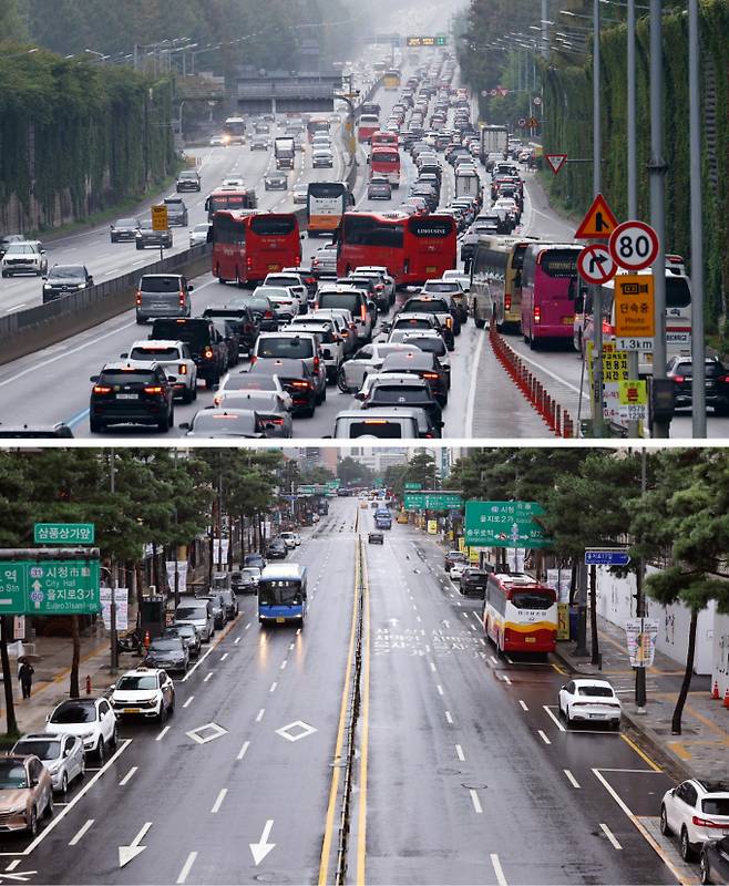 추석을 하루 앞둔 5일 경부고속도로 잠원IC 하행선에 귀성길 차량 행렬이 꼬리에 꼬리를 물며 서행는 모습(위)과 서울 도심 을지로의 한산한 모습(아래)이 대조를 이루고 있다./사진=뉴시스 /사진=최진석