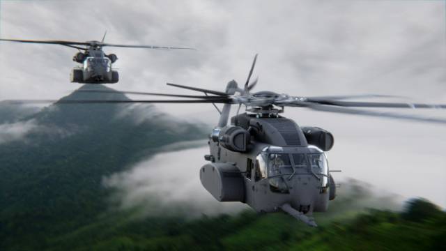 미 해병대의 최신예 CH-53K 대형 수송헬기가 비행 훈련을 하고 있다. 사진 제공=미 해병대