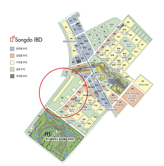 ▲ 송도 국제업무지구 개발 위치도. 빨간색 원으로 표시된 구역이 국제업무지구 내 마지막 남은 개발 부지 'G5 블록'이다. /출처=송도 국제업무단지(IBD) 홈페이지