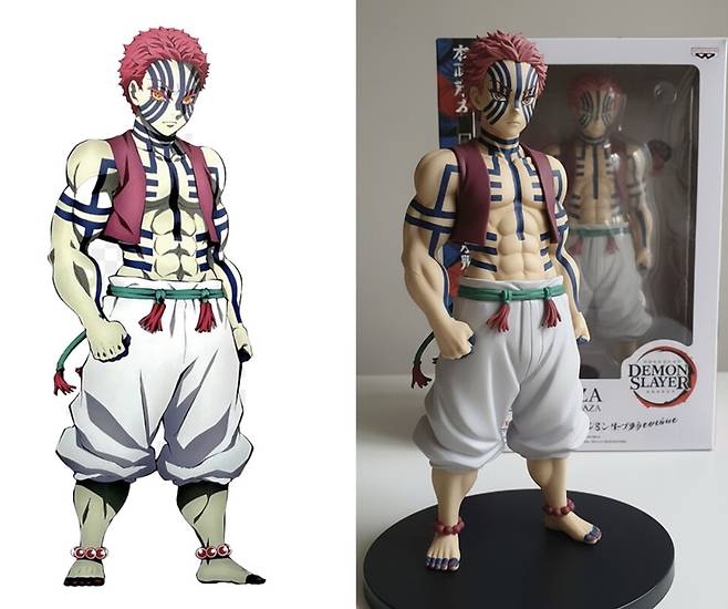 참고 이미지(좌)와 생성 이미지. 나노바나나에 ‘귀멸의 칼날’에 나오는 인기 캐릭터인 ‘아카자’의 이미지를 바탕으로 실물 피규어 사진을 생성해 달라고 지시했다. 참고 이미지의 디테일이 생성한 이미지에도 잘 반영된 모습을 확인할 수 있다.