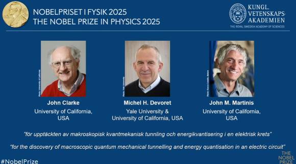 2025년 노벨물리학상을 받은 존 클라크(John Clarke), 미셸 H. 데보레(Michel H. Devoret), 존 M. 마티니스(John M. Martinis). 3명 모두 미국인이다. [사진=노벨위원회]