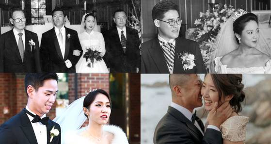 주요 대기업 집안의 결혼식 모습. (왼쪽 위부터 시계 방향으로) 1995년 정의선 현대차그룹 회장과 정도원 삼표그룹 회장의 장녀 지선씨가 서울 정동제일교회에서 결혼식을 올렸다. 신랑·신부의 옆에 할아버지인 정주영 현대 창업주와 정인욱 강원산업(삼표그룹의 전신) 명예회장이 자리했다. 김우중 대우그룹 창업주의 차남 선협씨와 박정구 금호그룹 회장의 장녀 은형씨가 정동제일교회에서 백년가약을 맺었다. 최태원 SK 회장의 차녀 민정씨와 남편 케빈 황. 정태영 현대카드 부회장, 정명이 현대커머셜 사장의 아들 정준씨가 골프선수 리디아 고와 2022년 명동성당에서 성당 내 결혼식장으로 향하고 있다. 사진 중앙일보, 뉴스1, 웨딩 사이트 ‘Zola’ 홈페이지 캡처