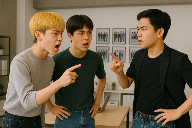 K팝 그룹 중국인 멤버와 한국 매니저가 소속사 사무실에서 말다툼하는 모습을 챗GPT로 생성했다.