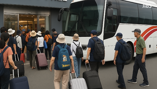단체 관광객들이 관광버스에서 매장으로 이동하는 장면. 저가 패키지 중심의 단체 관광 구조를 표현했다. (편집 이미지)