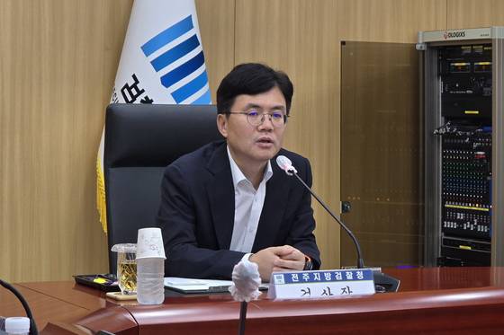 신대경 전주지검장이 지난달 22일 전주지검 중회의실에서 열린 기자간담회에서 모두 발언을 하고 있다. 김준희 기자