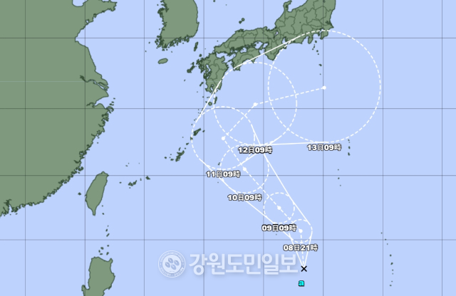 ▲ 일본기상청 23호 태풍 나크리 발달 예상경로