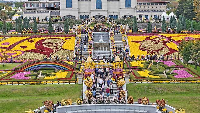 7일 전북 임실군 임실치즈테마파크에 추석 연휴를 즐기기 위해 찾은 관광객들이 화려하게 수 놓은 국화꽃들을 보며 즐거운 한때를 보내고 있다. 임실N치즈축제는 오는 8일부터 12일까지 임실치즈테마파크 일원에서 열린다.  연합뉴스