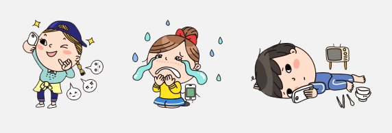 스마트폰 과의존 상태를 정의하는 세 가지 상황을 묘사하고 있는 일러스트. [사진 출처=한국지능정보사회진흥원스마트쉼센터]