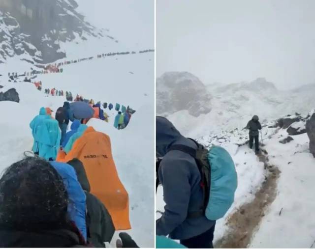 에베레스트산에 고립됐다가 대피하는 등산객들. 홍성신문 캡쳐=연합뉴스