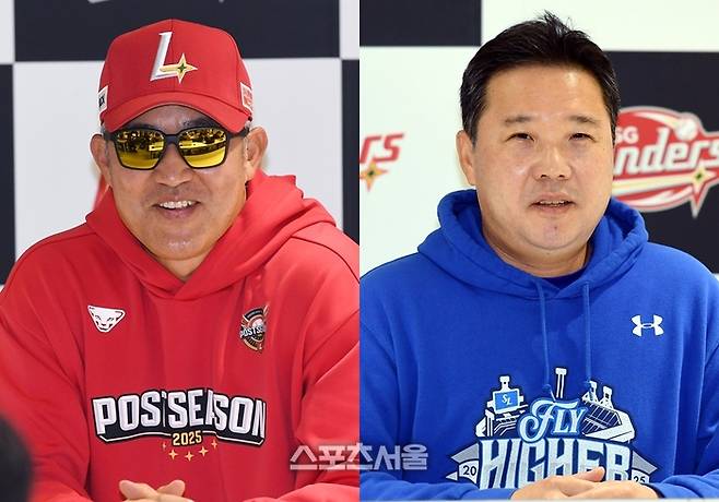 SSG 이숭용 감독(왼쪽)과 삼성 박진만 감독이 9일 인천SSG랜더스필드에서 2025 KBO 준플레이오프 1차전 경기에 앞서 브리핑을 진행하고 있다. 문학 | 박진업 기자 upandup@sportsseoul.com