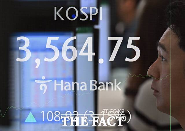 코스피가 사상 처음으로 3500선을 돌파한 2일 서울 중구 하나은행 본점 딜링룸 전광판에 코스피 지수가 나타나고 있다. /이새롬 기자