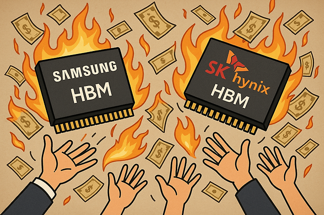 빅테크 기업들이 자체 인공지능(AI) 가속기 개발에 몰두하면서 삼성전자와 SK하이닉스의 HBM 수요가 계속 성장세를 이어갈 것으로 전망된다. [챗GPT로 제작]