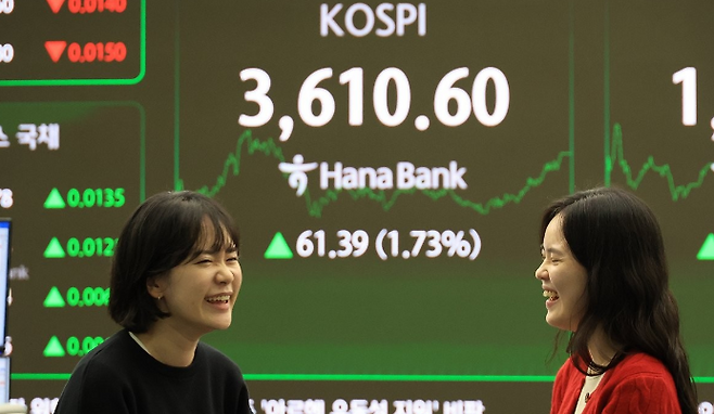 10일 서울 중구 하나은행 딜링룸 현황판에 코스피 지수 등이 표시돼 있다. ⓒ연합뉴스