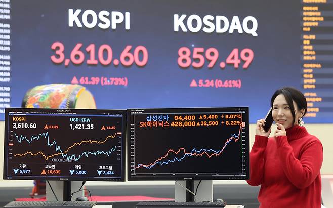 코스피지수가 사상 처음 3610선을 돌파한 10일 오후 서울 영등포구 여의도 한국거래소 모니터에 SK하이닉스와 삼성전자 종가가 나타나고 있다. 뉴스1