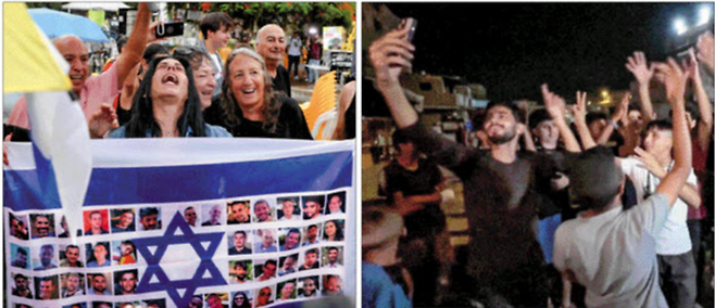 8일(현지시간) 도널드 트럼프 미국 대통령이 ‘이스라엘과 하마스 간 가자지구 휴전 1단계 합의’를 발표한 직후, 이스라엘과 팔레스타인 시민들이 환호하고 있다. 왼쪽은 하마스에 가족에 인질로 잡힌 가족이 텔아비브 앞에 조성된 ‘인질들의 광장’에서 이스라엘 국기를 들고 감격하는 모습. 오른쪽은 팔레스타인 가자 지구 남부 칸 유니스에서 팔레스타인 정착민들이 기뻐하는 모습. [로이터 = 연합뉴스]