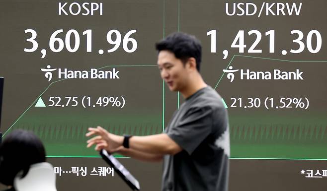 서울 중구 하나은행 딜링룸 전광판./사진=뉴스1