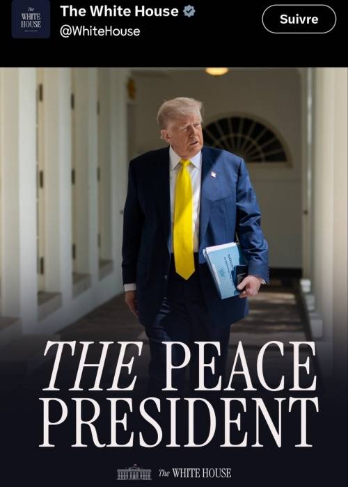 미국 백악관이 공식 엑스 계정에 ‘평화 대통령’이라는 글귀와 함께 올린 트럼프 대통령의 사진. 엑스 캡처