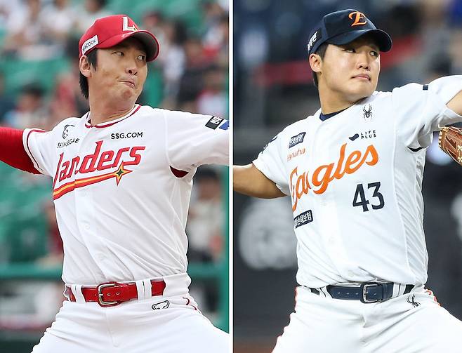 SSG 문승원(왼쪽), 한화 정우주. 각 구단  제공