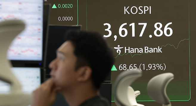 코스피가 사상 처음으로 3600선을 돌파하며 최고치를 경신한 이달 10일 서울 중구 하나은행 딜링룸 현황판에 코스피 지수가 표시돼 있다. ⓒ연합뉴스