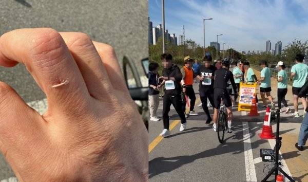 마라톤 참가자와 자전거 탑승자가 혼잡하게 섞여 있다. 스레드 @cyclist_190 갈무리