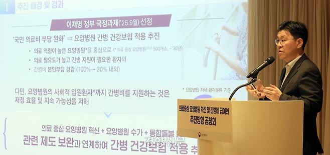 지난 9월 22일 서울 명동 로얄호텔서울에서 열린 ‘의료중심 요양병원 혁신 및 간병 급여화’ 공청회에서 이중규 보건복지부 건강보험정책국장이 발제를 하고 있다. 서성일 선임기자