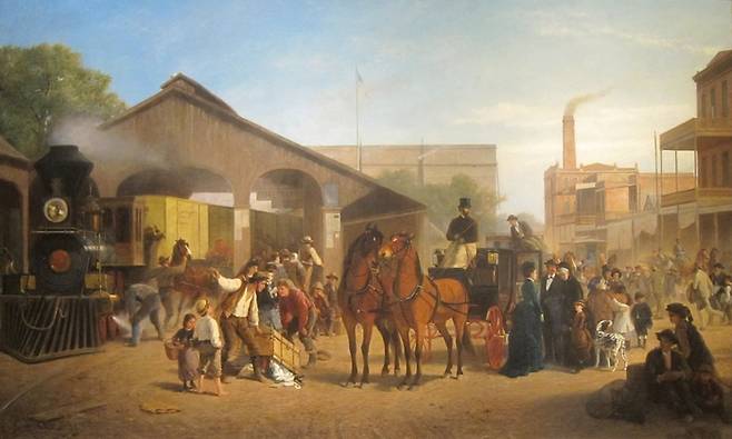 “철마에 투자하시면, 당신의 돈도 미친듯이 달릴 것이오.” 1874년 새크라멘토 철도역. 투 자열기를 부른 철도 건설.
