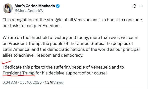 노벨평화상 수상 야권 지도자 마리아 코리나 마차도 X 계정 게시글. 이 상을 도널드 트럼프 미국 대통령 헌정한다는 표현이 나온다. 마리아 코리나 마차도 X 계정 캡처