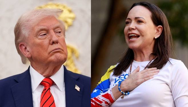 도널드 트럼프 대통령과 노벨평화상 수상자 마리아 코리나 마차도. 로이터 연합뉴스