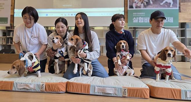 제2회 실험비글 입양제에 가족을 찾기 위해 참석한 비글들. 왼쪽부터 사동, 이열, 십분, 팔멍, 오멍. ⓒ 뉴스1 한송아 기자