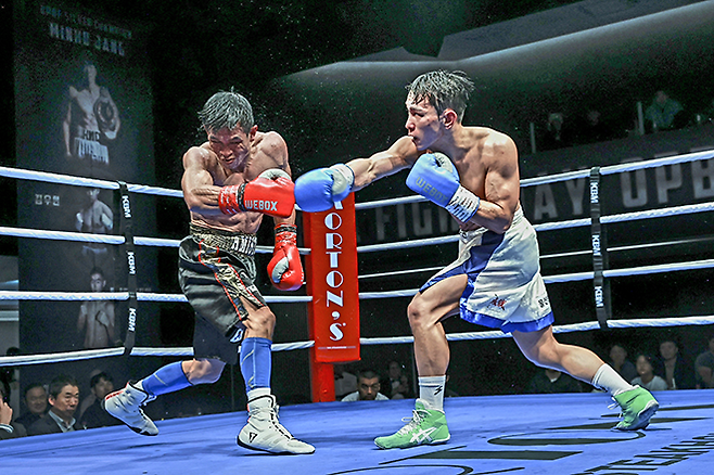 챔피언 조버 아미스토소가 2025년 10월 서울특별시 섬유센터 이벤트홀에서 사단법인 한국복싱커미션 KBM 밴텀급 타이틀 1차 방어전 도전자 김우현한테 맞고 있다. 김우현은 세계복싱협회 슈퍼플라이급 아시아 챔피언을 지냈다. 사진=FINAL FLASH 제공