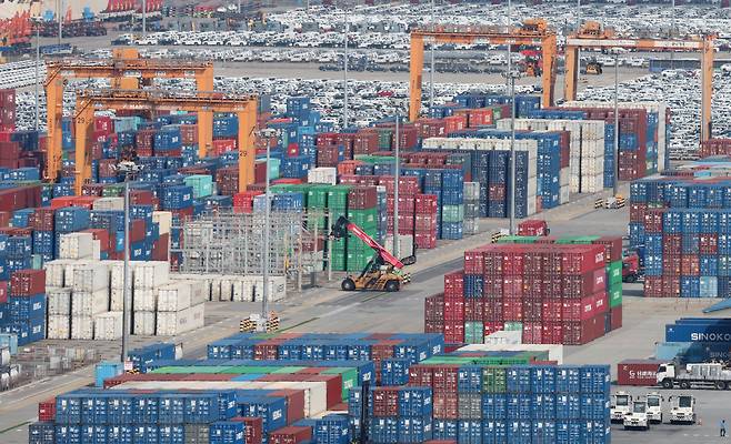 경기 평택시 포승읍 평택항에 수출용 컨테이너들이 쌓여있는 모습. /뉴스1