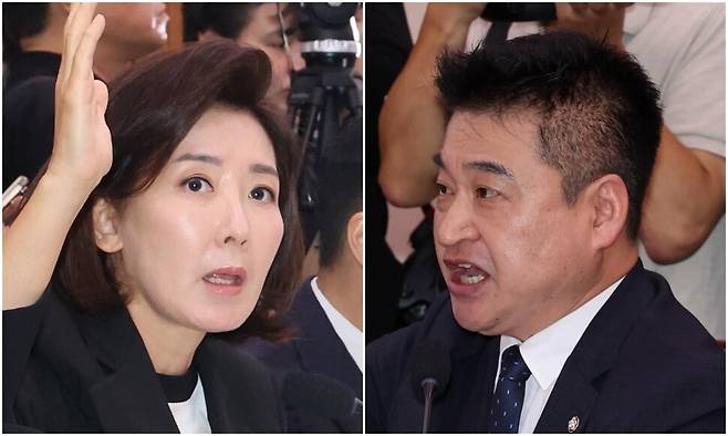 나경원 국민의힘 의원(왼쪽)과 최혁진 무소속 의원. 김영원 기자 forever@hani.co.kr